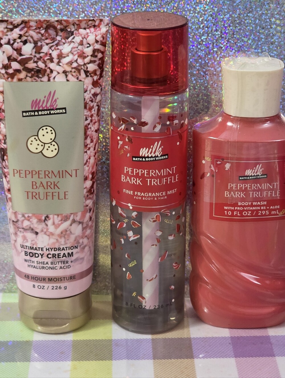 Bath & Body Works Milk Peppermint Bark Truffle Body Wash, Cream & Mist 3pc Set